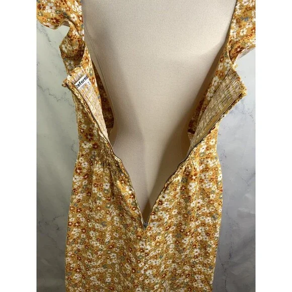 Reformation lucila Dress SZ 12 midi 100% Linen Cottagecore yellow smocked floral - Picture 16 of 16